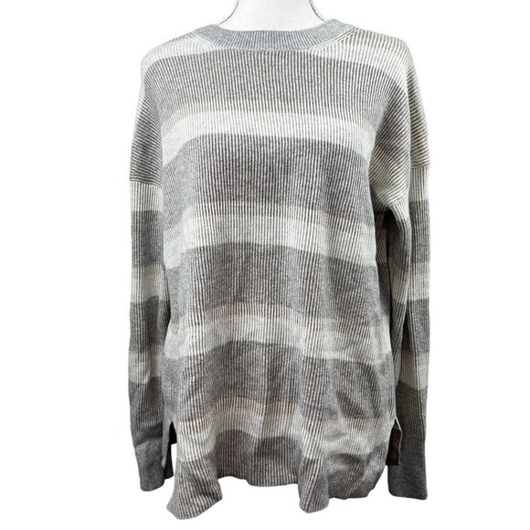 Theory Cashmere Crewneck Ribbed Striped Sweater Size S Gray Tan Cream - Picture 1 of 11